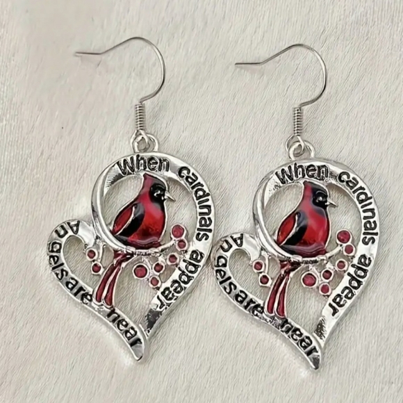 NEW When Cardinals Appear Angels Are Near Red and Silver Dangle Earrings - Picture 2 of 3